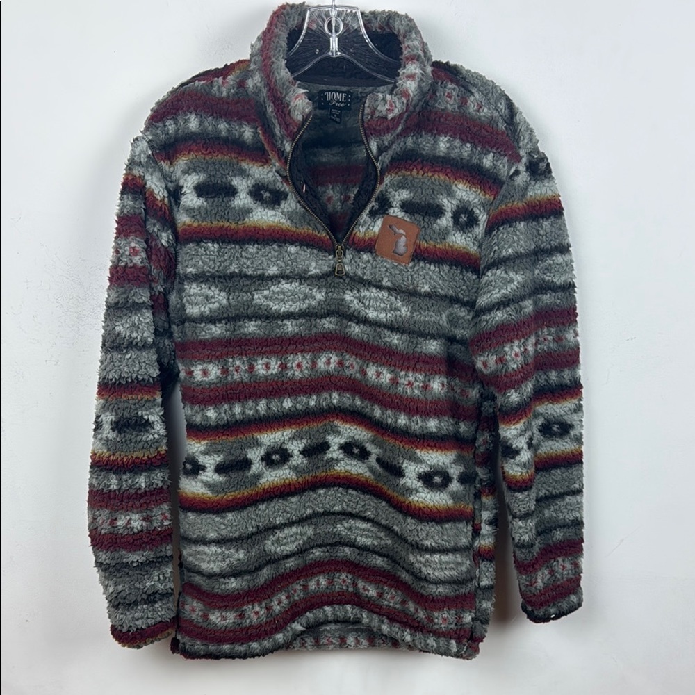 Tribal Red and Gray Quarter Zip Up Sweater with Geometric Design